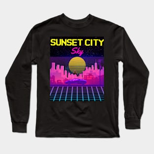 Sunset City Sky Retro Neon Arcade 80s Design Long Sleeve T-Shirt